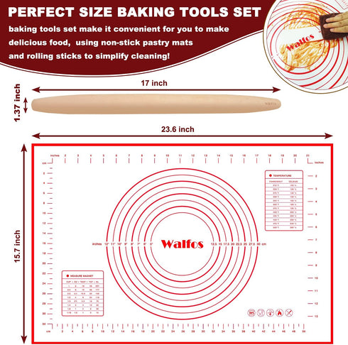 WALFOS French Rolling Pin and Silicone Baking Mat Set, Non-Stick Beech Wood Rolling Pin 17 Inch and Pastry Mat for Best Pie Crust, Cookie, Pasta a...