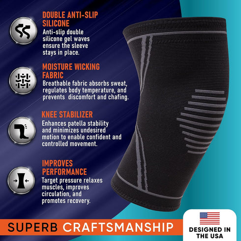 Knee Brace for Pain Relief - 2 Pack Knee Compression Sleeves for Men and Women - Support for Weightlifting, Gym, Workout, Volleyball - Meniscus Te...