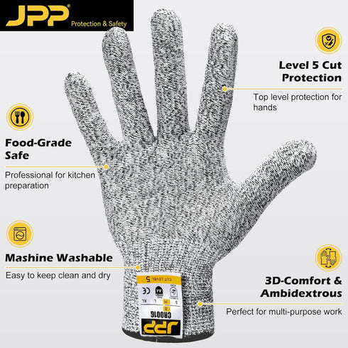 JPP Premium Cut Resistant Gloves, Cutting Proof CE Level 5 Protection, Food Grade Safe, Ambidextrous, 3D-Comfort Fit, Machine Washable, Dexterity,...