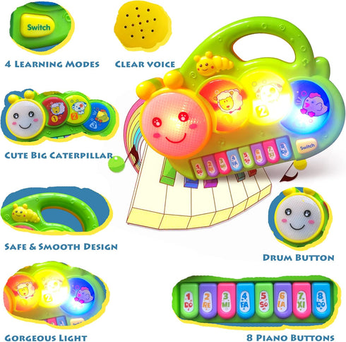Baby Piano DrumToy, Caterpillar Piano Keyboard Drum Light Up Sound Musical Toy, Learning Educational Interactive Infant Toddler Kids Toys Gift for...