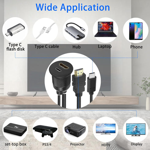 QIANRENON USB C&HDMI Threaded Flush Mount Waterproof Cable Adapter USB C 2.0+HDMI 1.4 Male to Female Panel Mount Extension Cable, 4K@60HZ, for Car...
