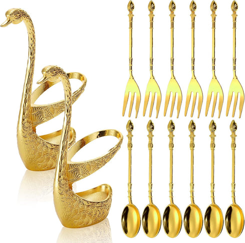 14 Pack Swan Base Holder with Coffee Spoon Forks, Gold Creative Dessert Flatware Set, Decorative Party Golden Serving Teaspoons for Stirring, Mixi...