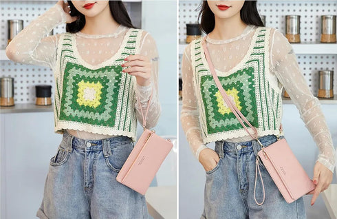 Women Faux Leather Long Wallet Wristlet Handbag with Touch Screen Clear Phone Window (Double Zipped Black)...