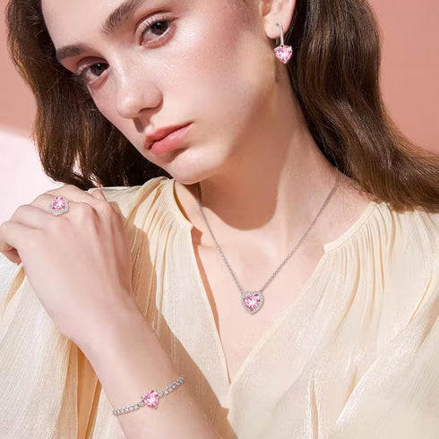 Crysdue Heart Prom Jewelry Set for Women, Silver Pink Cubic Zirconia Pendant Necklace Dangle Earrings Tennis Bracelet Open Ring for Party, Birthda...