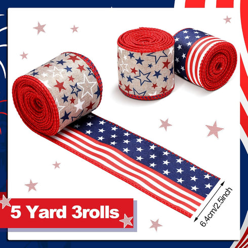 XunYee 3 Rolls Patriotic Ribbons American Flag Double Sided Star Striped Wired Ribbon Red Blue White Ribbons for Memorial Day 4th of July Independ...