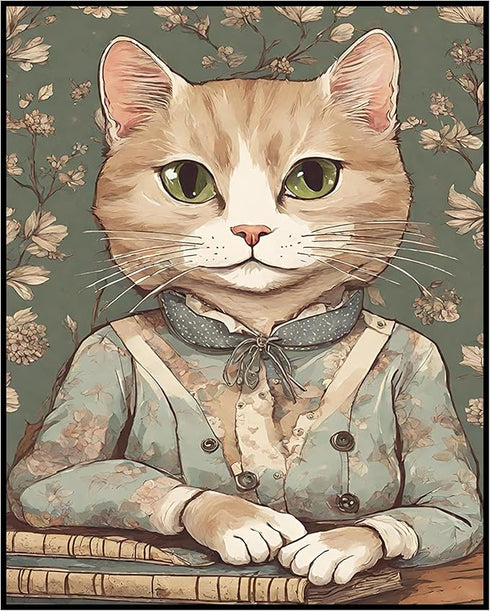 Posterizer 1 pcs- Orange cat sitting behind a table with white flowers-Art for Animal Lovers-Floral Botanical Art- Gift for Men Women Teens-Living...