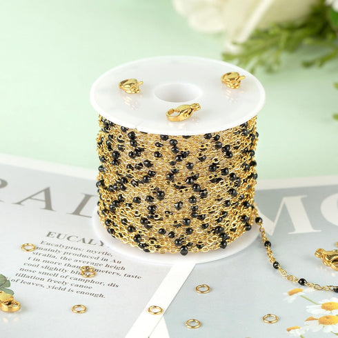 KYUNHOO 16.4 Feet Gold Plated Chain for Jewelry Making Solid Stainless Steel Cable Chain Black Beaded Jewelry Chain Roll with Lobster Clasps Jump ...