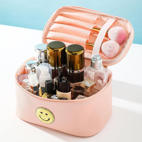 Preppy Patch Makeup Bag Leather Cosmetic Bag Large Makeup Pouch, Portable Waterproof Travel Toiletry Organizer,Cute Preppy Makeup Bag for Women Gi...