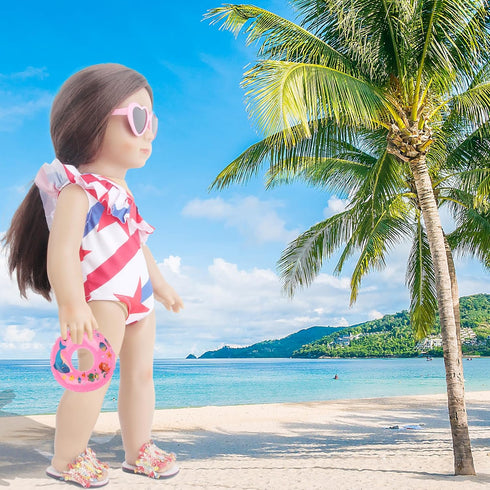 18 Inch Doll Summer Outfits Set, Vibrant Doll Swimming Playset for American doll Girls, includes Doll Bikini Swimsuits, Heart-shaped Sunglasses, G...