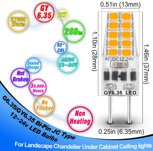 GY6.35 LED Bulb 2W Equivalent 20W Halogen Bulb 2700K Warm White AC/DC 12-24 Volt G6.35/GY6.35 Bi-Pin JC Type Bulb for Landscape Chandelier Under C...