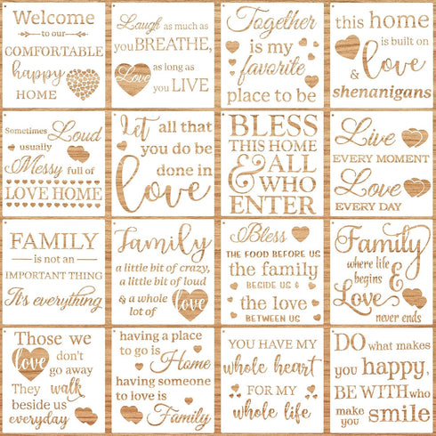 16 Pieces Inspirational Word Stencils Family Sign Stencils Reusable Painting Stencils Love Home Template with Metal Open Ring for Painting on Wood...