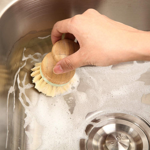 4 Pieces Bamboo Dish Scrub Brush with Holders Wooden Bamboo Round Scrubbers Stiff Bristles Pot Brushes for Wash Dishes, Pots, Pans, Kitchen Iron P...