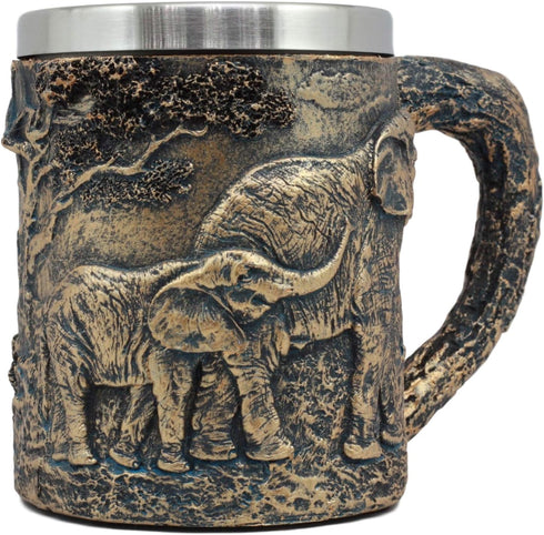 Ebros Animal Totem Spirit Safari Elephant And Calf Family Mug Textured With Rustic Textured Tree Bark Design In Painted Bronze Finish 12oz Drink B...