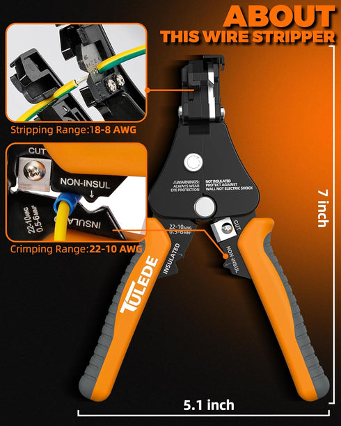Automatic Wire Stripper, 3 IN 1 Stripper/Cutter/Crimping Self Adjusting Wire Stripper, 7 Inch Wire Stripper for 8-18 AWG Solid and Stranded Electr...
