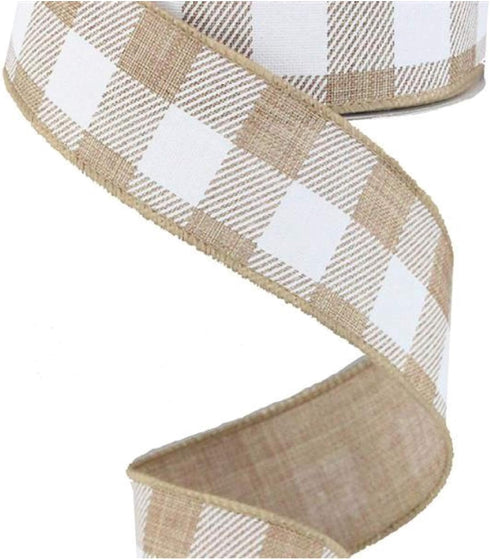 Plaid Check Wired Edge Ribbon - 10 Yards (Light Tan, White, 1.5")...