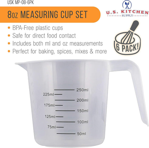 U.S. Kitchen Supply Plastic Measuring Cups with Handles - 8 oz (250 ml) Liquid Measuring Cup Set of 6 - Clear Microwave Safe Kitchen Cups - Measur...