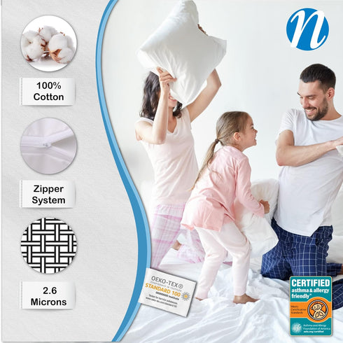 National Allergy Premium 100% Cotton Zippered Pillow Protector - Standard Size - White - 3 Pack - 300 Thread Count - Hypoallergenic Bed Pillowcase...