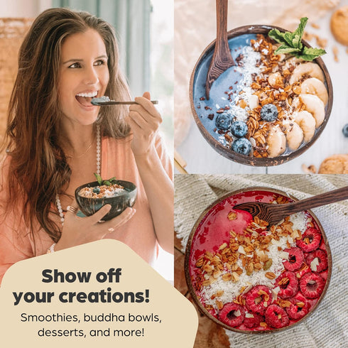 Coconut Bowls and Wooden Spoons Set of 2 – Natural, Hand-Crafted, Vegan-Friendly, Salad, Smoothie or Buddha Bowl and Kitchen Utensils (2 Natural B...