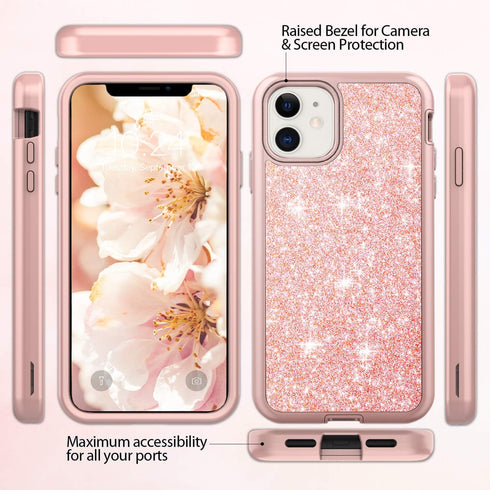 Coolwee Glitter Full Protective Case for iPhone 11 Heavy Duty Hybrid 3 in 1 Rugged Shockproof Women Girls Rose Gold for iPhone 11 6.1 inch Shiny B...