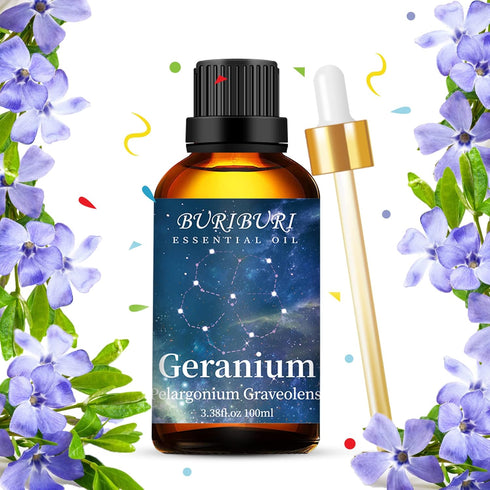 BURIBURI 100ML Geranium Essential Oil, 100% Pure Undiluted Aromatherapy Geranium Oil 3.38fl.oz for Soap, Candle Making, Massage, Diffuser, Humidif...