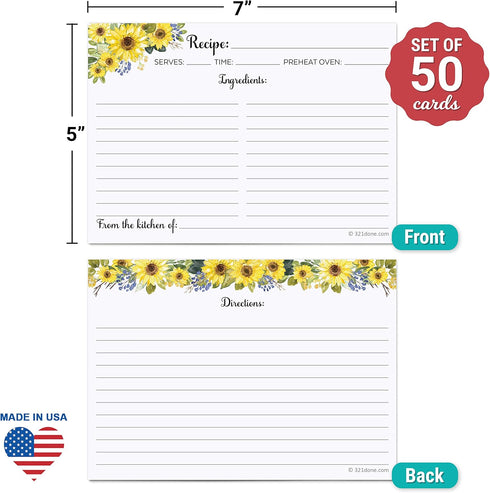 321Done Jumbo XL Sunflower Recipe Cards (Set of 50) Extra Large 5x7 - From the Kitchen of for Weddings, Baby, Bridal Shower - Made in USA...