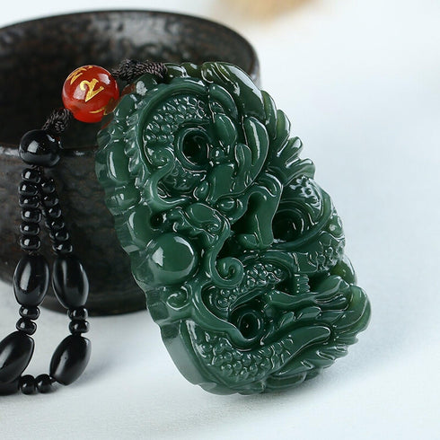 Women's Necklace Men's Necklace Pure natural hand carved qing jade dragon necklace pendant...