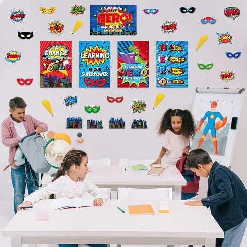 Outus 33 Pcs Hero Theme Classroom Decorations Bulletin Board Set Hero Posters and Banners Hero Sayings Cityscape Cutouts for Classroom Pre School ...