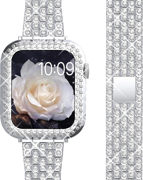 QVLANG Compatible with Apple Watch Band Series 9 8 7 45mm, Bling Series Band for Women + Diamond Rhinestone Case, Stainless Steel Metal Bracelet S...