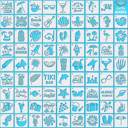 80 Pieces 3 x 3 Inch Summer Hawaii Themed Reusable Plastic Art Craft Kits for DIY Painting Art Projects Wood Wall Floor Fabric Furniture Tile Holi...