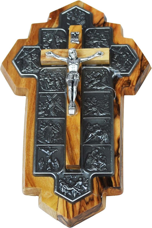 Olive Wood Crucifix - icon showing 14 Stations of the Cross etched on metal (14x9x1 cm or 5.5x3.5x.4 inch)...