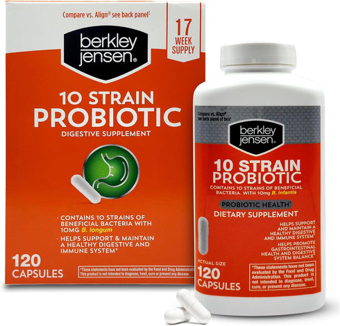 Berkley Jensen Natural 10 Strain Probiotic Supplement Capsules with 10mg B. Longum, Loaded with Live Strains & Beneficial Gut Flora, for Digestive...