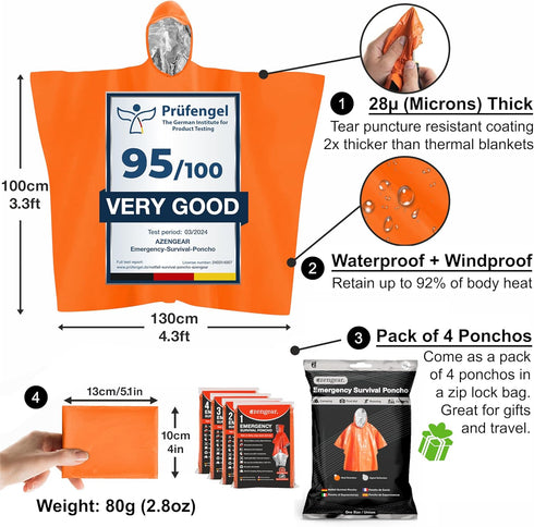 aZengear Emergency Survival Poncho (4pc) Thermal Mylar Foil Coating Blanket for Heat Retention and Rain | Reversible with Hood | Waterproof, Windp...