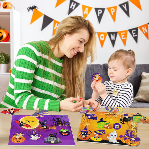 2Pcs Halloween Wooden Peg Puzzles, Halloween Toys for Toddlers Educational Puzzle Kids Halloween Party Favors Halloween Basket Stuffers Fillers Fa...