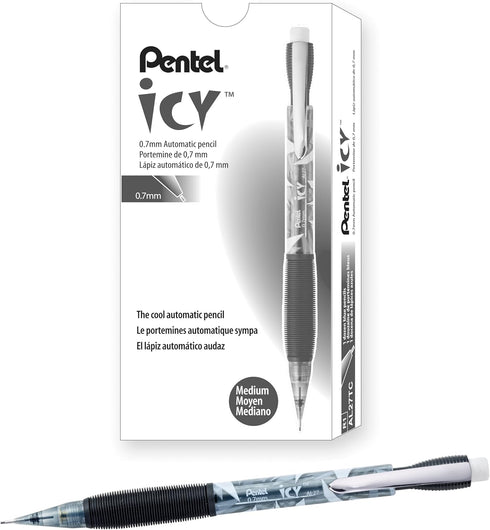 Pentel ICY Mechanical Pencil, (0.7mm), Tinted Black Barrel, 12 pack (AL27TA)...