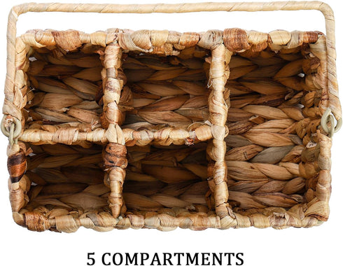 Wicker Flatware Organizer, Woven Divided Utensil Caddy, Water Hyacinth Cutlery Holder, Picnic Silverware Flatware Storage Basket Carrier with Hand...