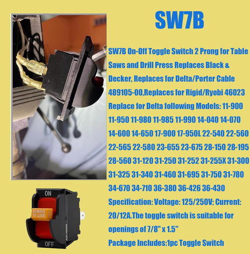 SW7B On-Off Toggle Switch 2 Prong ?Replacment for Delta,Aftermarket Replacment for Ryobi 46023 Delta/Porter Cable 489105-00 438010170141? for Tabl...