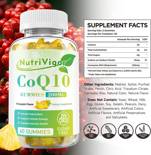 CoQ10 Gummies, Coenzyme Q10 Supplement 200mg, High Absorption CoQ10 Supplement for Cellular Energy and Immune Health, Vegan, Gluten Free, Pineappl...