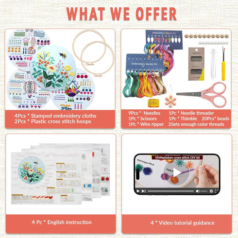 VIVAwisdom 4 Sets Beginner Cross Stitch Kits; Hand Embroidery kit for Adults with Beautiful Embroidery Patterns and Comprehensive Needlework Suppl...