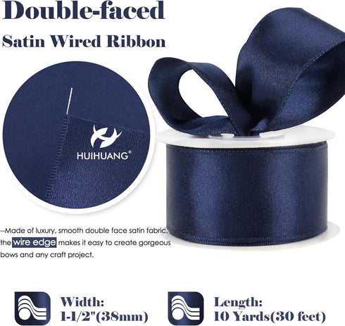 HUIHUANG Navy Blue Satin Wired Ribbon 1-1/2 inch Navy Double-faced Satin Wire Edge Ribbon for Bows, Gift Wrapping, Wreaths, Christmas Tree Decor, ...