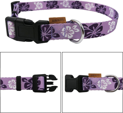 Dog Collar, Cute Floral Pattern, Soft and Adjustable Collar with Quick Release Buckle (M (Neck 14-24", Width 3/4"), Hawaiian Purple)...