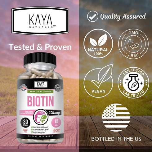 Kaya Naturals Biotin 10,000mcg Hair Growth Vitamins - Strong Nails, Healthy Skin Supplement for Women and Men - Healthier Hair & Skin - 30 Count...