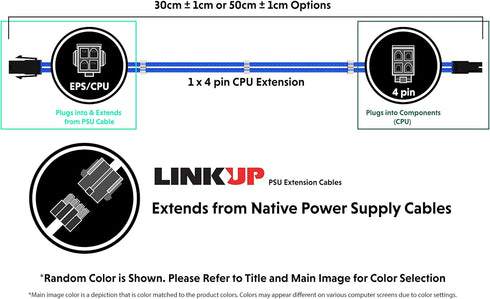 LINKUP - AVA 30cm EPS 4 Pin CPU ATX Motherboard PSU Power Supply Braided Sleeved Custom Mod PC Extension Cable w/Combs | Strong & Stiff Design | S...