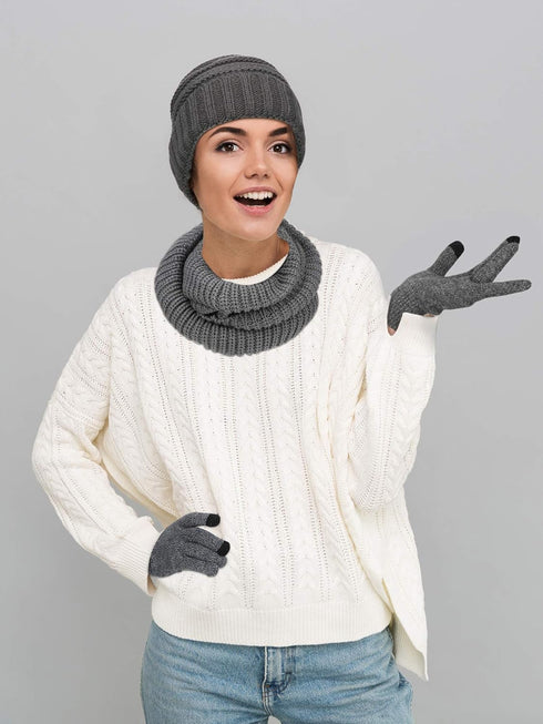 Winter Warm Knitted Scarf Beanie Hat Gloves and Earmuff Set for Men and Women's Soft Stretch Hat Scarf Mitten and Earmuff Set...