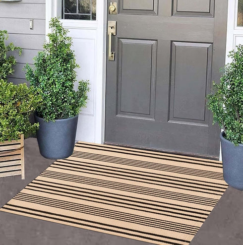 Front Outdoor Door Mat 2'x3',Tan Black Striped Outdoor Rug Machine Washable Cotton Layered Door Mat Entryway Throw Rug for Indoor Entrance...