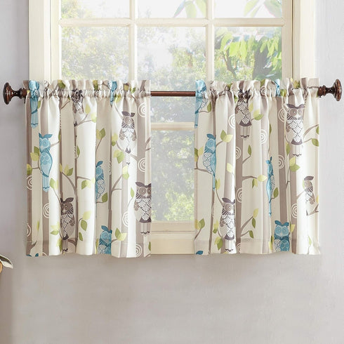 No. 918 Hoot Owl Print Semi-Sheer Rod Pocket Kitchen Curtain Tier Pair, 56" x 24", Mocha...