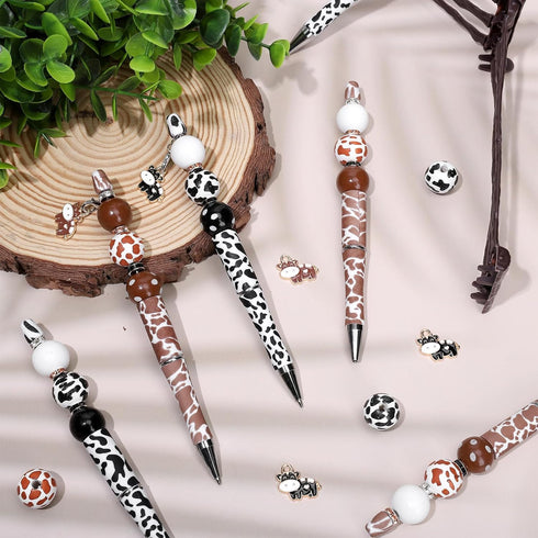 Whaline 110Pcs Cow Beadable Pens Black and Brown Cow Print DIY Pens with 30Pcs Spacer Beads 40Pcs Wooden Beads 10Pcs Cow Pendant for Student Offic...