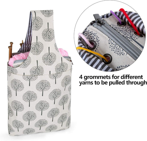 Teamoy Knitting Bag, Canvas Yarn Tote Project Bag for Knitting Needles, Yarn and Crochet Supplies, Perfect Size for Knitting on The Go, Tree...