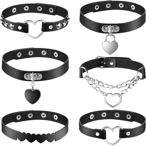 6 Pieces Heart Shaped Theme Leather Choker Punk Goth Choker Adjustable PU Leather Collar Set (Black)...