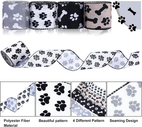 4 Rolls 26.4 Yard Paw Print Ribbon Dog Bone Wired Edge Ribbon Craft Wired Ribbon DIY Wrapping Ribbon for Halloween Christmas Handicraft Decor Part...