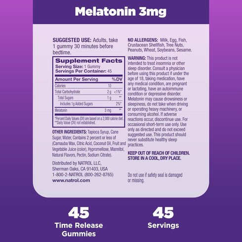 Natrol Time Release Melatonin 3 mg, Dietary Supplement for Restful Sleep, Sleep Gummies for Adults, 45 Strawberry-Flavored Melatonin Gummies, 45 D...